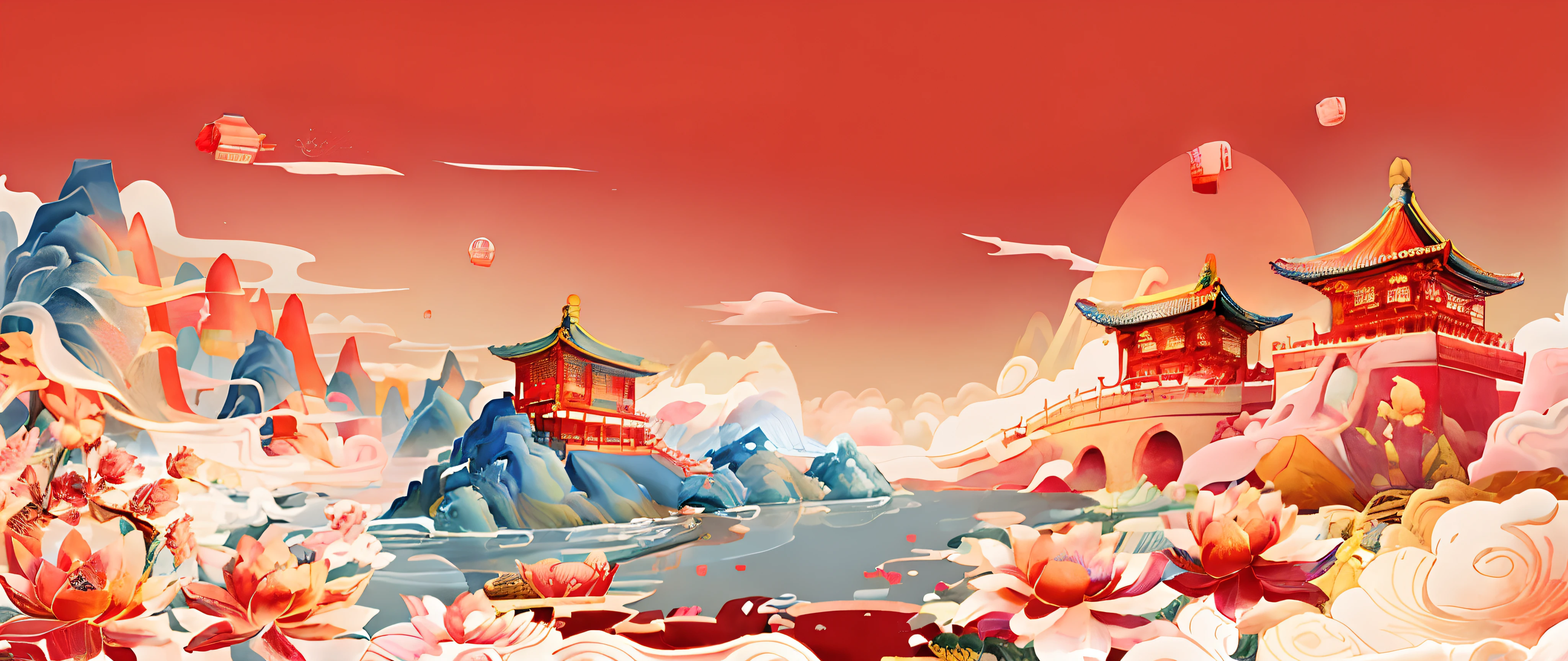 There is a picture of a 中國風景 with a red sky, 中國人的夢鄉, 中國風繪畫, 中國傳統, 中國風景, 描繪寺廟的背景, 北京, 中國水彩風格, 中國傳統藝術, 受到楊不羈的啟發, 一個美麗的藝術插圖, 寺廟背景, 中國古代藝術風格, 長城, 東方壁紙, 童話風格背景