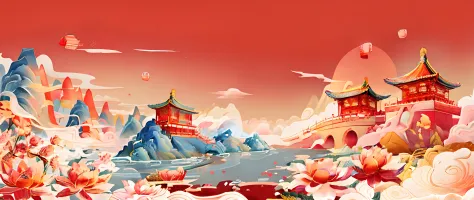 There is a picture of a Chinese landscape with a red sky, dreamland of chinese, Chinese style painting, Chinese tradition, Chine...