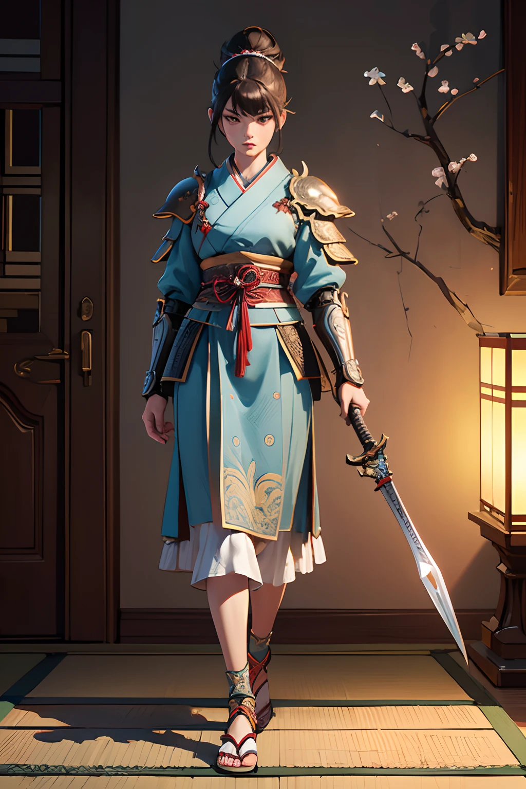 ultra realistic 8k cg, masterpiece, ((ultra detailed background, delicate pattern, intricate detail)), best quality, intricate details, chromatic aberration, full body, women samurai warrior, holding a spear, wear Japanese traditional armour, Masterpiece, best quality