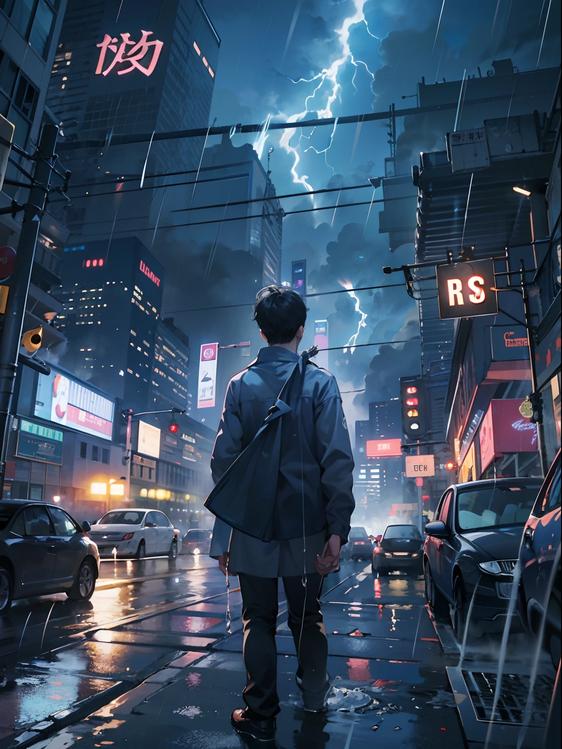 1 Junge,ein 13-jähriger Junge、nasser Körper、Cyberpunk Boy、Der Beginn des Abenteuers、(durchnässt:2)、(Blitz:1.5)、viele Wolken,Dichter Nebel、Nebel,chaotisch city of the future、Filmdystopie、Eine Gruppe sehr hoher Wolkenkratzer steht im Zentrum、Sehr komplexes Stadtbild,Überfüllte chinesische Wolkenkratzer、Straßenschilder、Straßenlichter、Taxen、Busse、Zug、blaue Beleuchtung,dunkle Straße、viele Pfützen、chaotisch、Wunderschöne und fantastische Landschaft、filmische Kulisse、hightquality、Tischplatte,in 8K、hohe Auflösung、