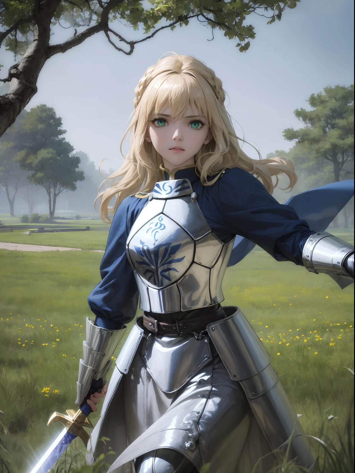 1girll，A face，Artoria，king arthur，King of Britain，FATE series，Knight King，medieval times，Majesty，((Bright blonde hair))，Stand on the grass，Golden sword，The sword is in the middle of the picture，Close-up of the sword，Plug it into the ground，Sword in both hands，ln the forest，Serious expression，Heavy sterling silver armor，Sterling silver leg armor，Sterling silver armour，Dark blue heavy cape，Fur edges，Huge dark blue round battle skirt，Gold lace，Coiled hair，Poor milk，Green eyes，Solitude，A half body，(超高分辨率)，(Ultra-high sharpness)，tmasterpiece，品质最佳