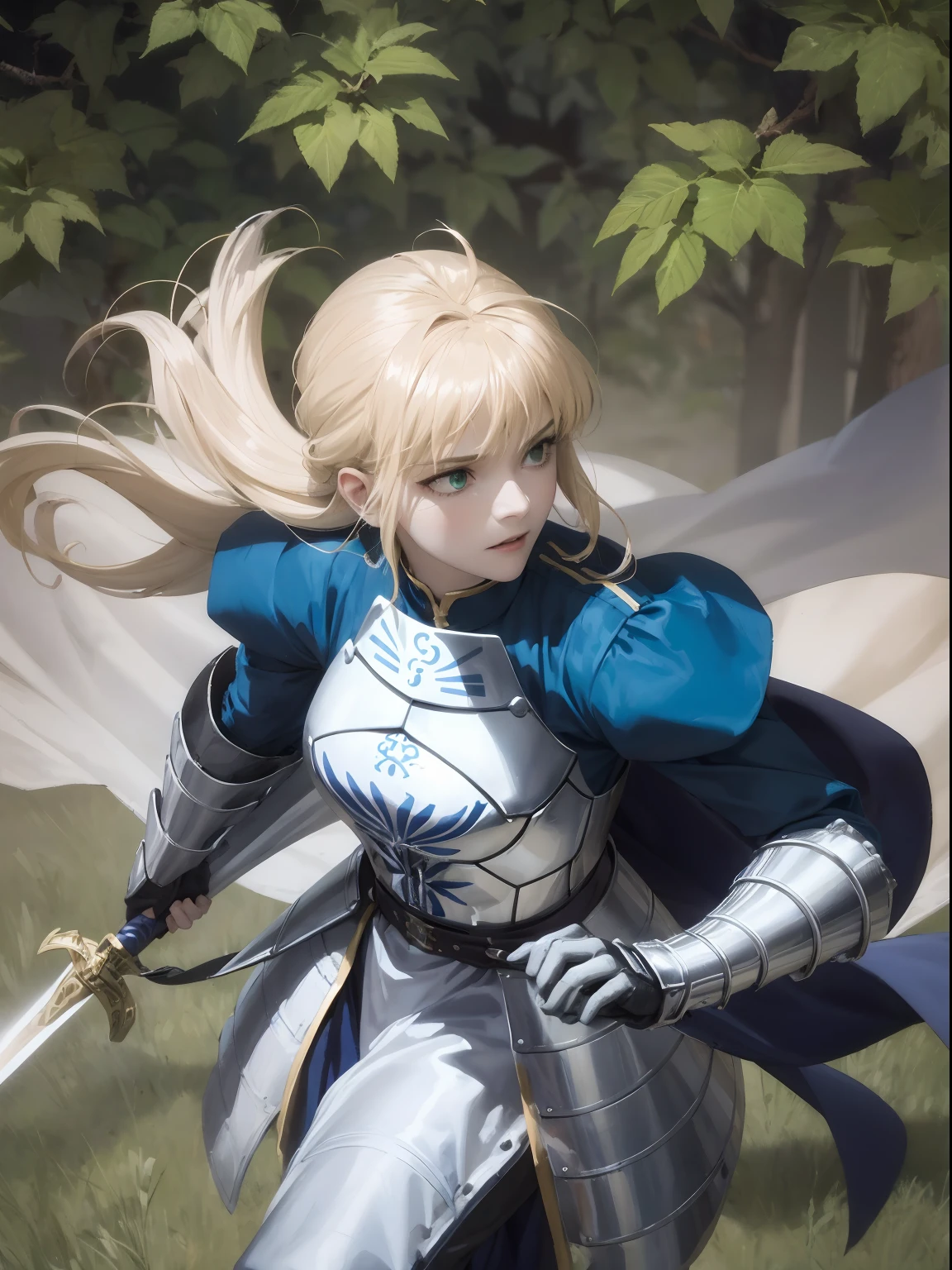 1girll，A face，Artoria，king arthur，King of Britain，FATE series，Knight King，medieval times，Majesty，((Bright blonde hair))，Stand on the grass，Golden sword，The sword is in the middle of the picture，Close-up of the sword，Plug it into the ground，Sword in both hands，ln the forest，Serious expression，Heavy sterling silver armor，Sterling silver leg armor，Sterling silver armour，Dark blue heavy cape，Fur edges，Huge dark blue round battle skirt，Gold lace，Coiled hair，Poor milk，Green eyes，Solitude，A half body，(超高分辨率)，(Ultra-high sharpness)，tmasterpiece，品质最佳