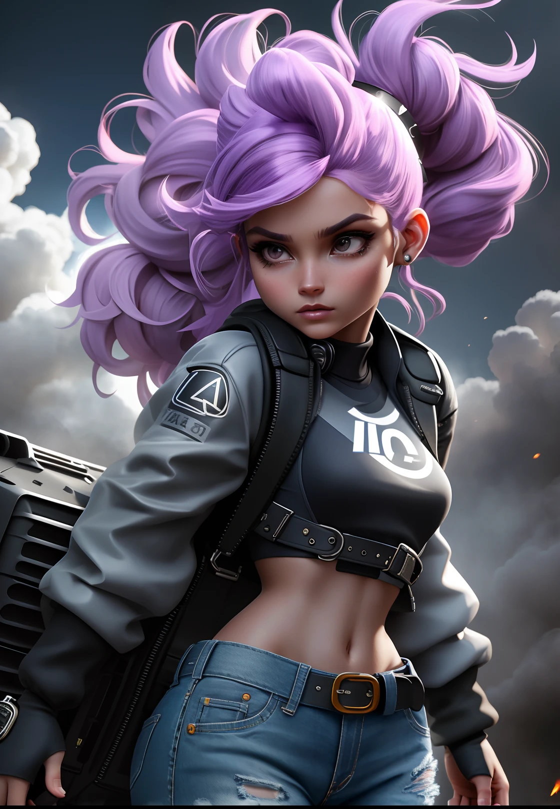 Mabel, O lutador de rua, with lilac hair tied in ponytail, corpo atletico, vestindo uma jaqueta de couro preta, Tampo tanque preto, jeans rasgados e botas pretas, performing his powerful 'Onyx Hurricane' move in an apocalyptic setting in 3D animation. The camera highlights her unique appearance as she delivers the blow amid the chaos. 1:1 ratio, dramatic lighting, smoke effects. –ar 1:1 –s 1000 –q 4