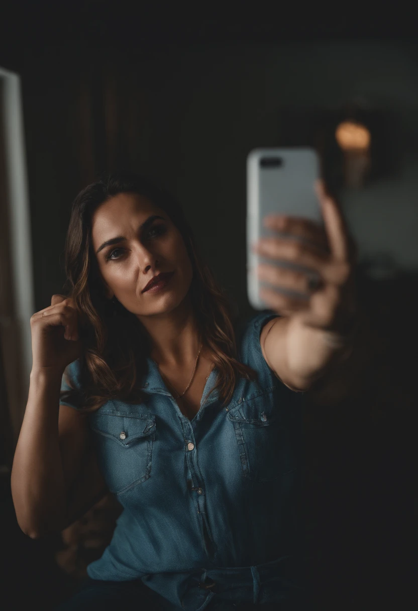 Mulher tirando uma selfie com o telefone no escuro - SeaArt AI