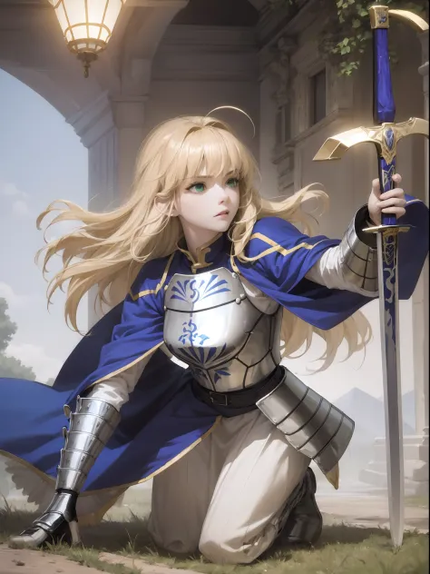 1girll，A face，Artoria，king arthur，King of Britain，FATE series，Knight King，medieval times，Majesty，((Bright blonde hair))，Stand on...
