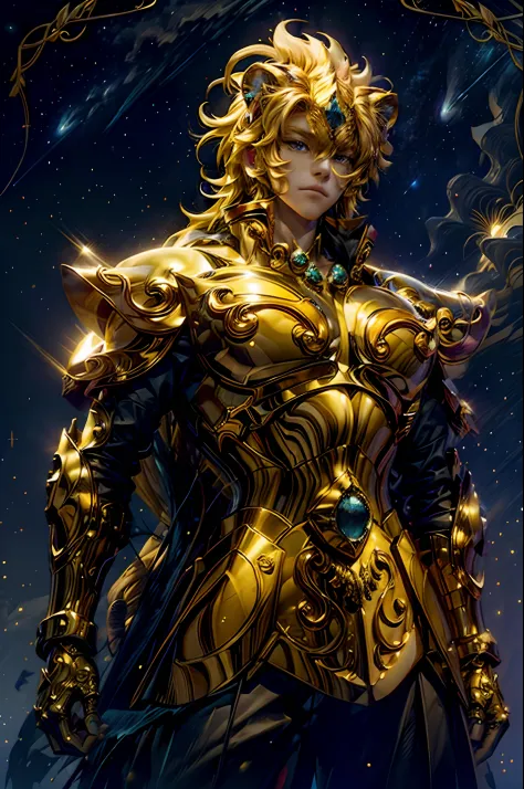 （tmasterpiece，hoang lap，high quarity，best qualtiy，Hyper-detailing，big breasts beautiful）,Magic Golden Leo: Anthropomorphic representation of the magical golden Leo.
People with yellow hair々: Man with bright yellow hair, Exudes a seductive aura.
Lion Compan...