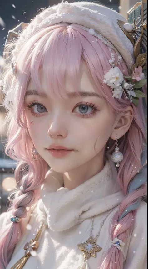 Works of masters，Best image quality，超高分辨率，8K分辨率，first person perspective，Sitting，Exquisite facial features，solo person，femele，ssmile，long whitr hair，Pink hair，crossed bangs，Wave head，Bracelet，Collar，pendant，Lolita costume，snowflower，Winters，Temple，New Year...