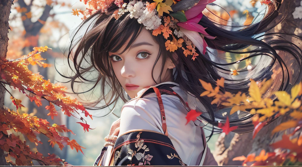 32K autumn view（tmasterpiece，k hd，hyper HD，32K）Long flowing black hair，ponds，zydink， a color， Autumn （Sexy girl nipple）， （Blue and white silk scarf）， Combat posture， looking at the ground， long whitr hair， Floating hair， Carp pattern headdress， Chinese long-sleeved cheongsam， （Abstract gouache splash：1.2）， Pink petal background，Pink and white autumn sunset leaves fly（realisticlying：1.4），Black color hair，Fallen leaves flutter，The background is pure， A high resolution， the detail， RAW photogr， Sharp Re， Nikon D850 Film Stock Photo by Jefferies Lee 4 Kodak Portra 400 Camera F1.6 shots, Rich colors, ultra-realistic vivid textures, Dramatic lighting, Unreal Engine Art Station Trend, cinestir 800，Long flowing black hair，Bright clothes