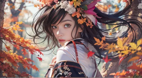 32K autumn view（tmasterpiece，k hd，hyper HD，32K）Long flowing black hair，ponds，zydink， a color， Autumn （Sexy girl nipple）， （Blue and white silk scarf）， Combat posture， looking at the ground， long whitr hair， Floating hair， Carp pattern headdress， Chinese lon...