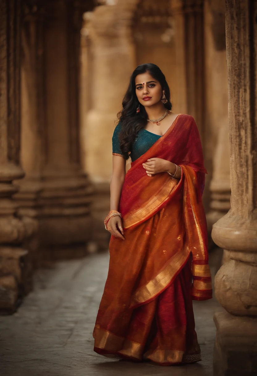 A woman in a red and blue sari standing in an archway - SeaArt AI