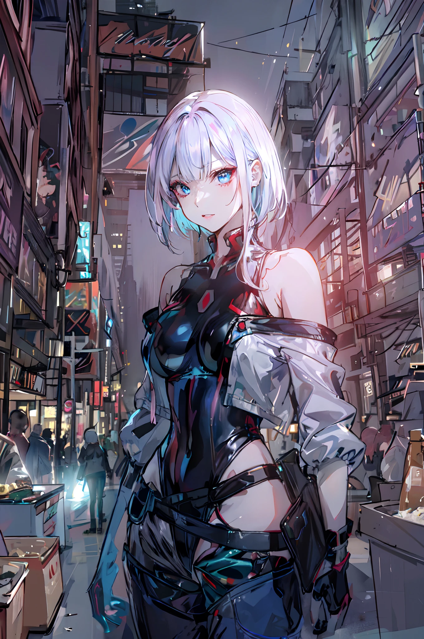 cyberpunk edgerunners, 1girl, bare shoulders, blue eyes, breasts, leotard, looking at viewer, medium breasts, off-shoulder jacket, off shoulder, red eyeliner, short hair, sleeveless turtleneck leotard, solo, turtleneck leotard, white hair, ((masterpiece)), (intricate details:1. 12), hdr, (intricate details, hyperdetailed:1. 15)