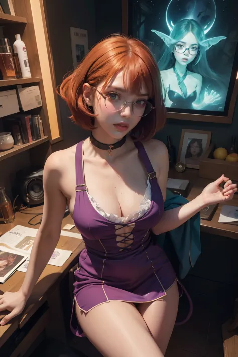 concept art of sexy cute girl wear glasses, overhead angle of a Will-o'-the-wisp, wearing Funny Somali Emerald deep orange Pinafore, Caramel hair styled as Short hair, fluorescent purple Hair tie, equirectangular 360, Highres,  [(art by Willi Baumeister:1....