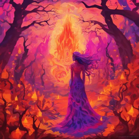 "(best quality, highres, ultra-detailed), The goddess casting mystical glowing spells in a haunted forest, orange and purple hues, portraits, vivid colors, extreme detail description, sharp focus, physically-based rendering, studio lighting, horror, witch,...