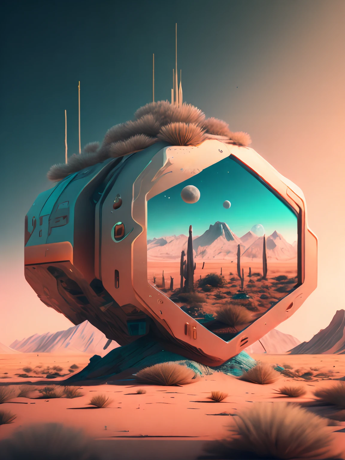 砂漠に山と空を背景にした奇妙な物体。Beeple による作品。Mike Winkelmann