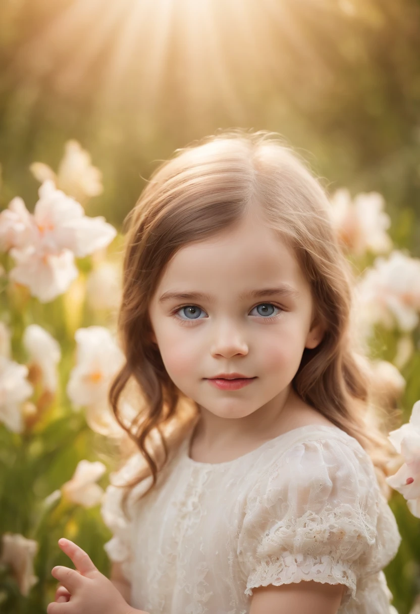 (best quality,4k,8k,highres,masterpiece:1.2),ultra-detailed,(realistic,photorealistic,photo-realistic:1.37),little child with bright blue eyes, dark brown-gray hair, playing in a serene garden. Fine brush strokes and vivid colors create a realistic and lifelike portrait. The child's innocent expression and playful demeanor are captured with precision. The sunlight filters through the trees, casting a warm golden glow on the scene. The garden is lush with vibrant flowers and greenery, adding a touch of natural beauty to the overall composition. The child's eyes are the focal point, with each detail of the iris beautifully captured. The textures of the hair and skin are highly detailed, emphasizing the child's youth and innocence. A sense of tranquility and joy permeates the atmosphere, creating a peaceful and heartwarming scene. The overall color palette is soft and warm, with gentle pastel tones that complement the serene setting. The lighting is soft and diffused, giving a dreamy and ethereal quality to the image. [illustration,pastel tones,flowers,peaceful atmosphere,radiant sunlight]