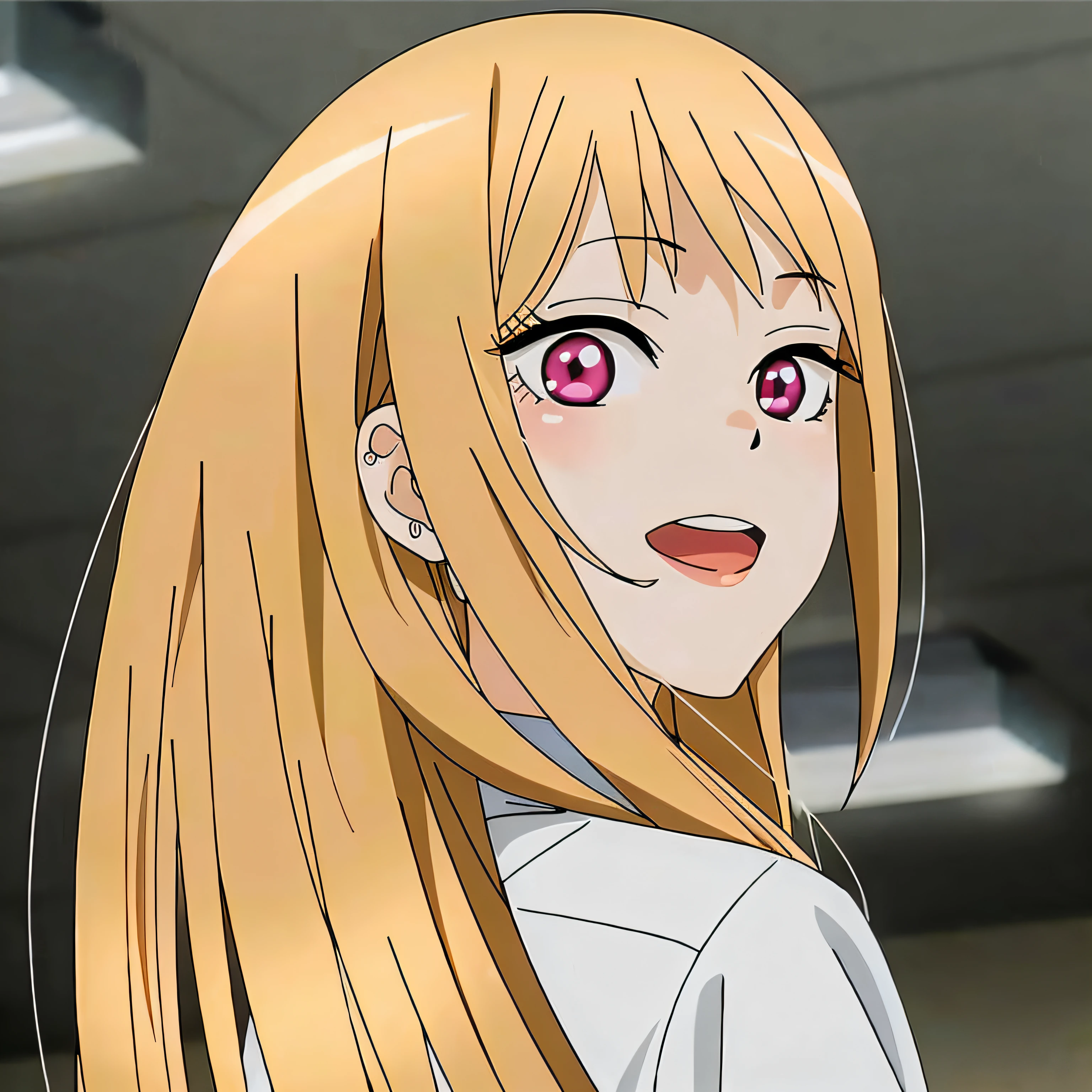 Anime girl with long blonde hair and pink eyes looking at camera - SeaArt AI