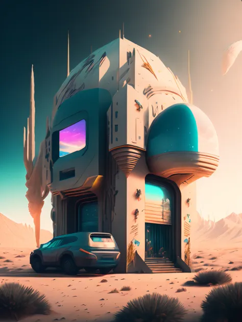 A house in the desert，Mountains and sky background in the background by Beeple Mike Winkelmann