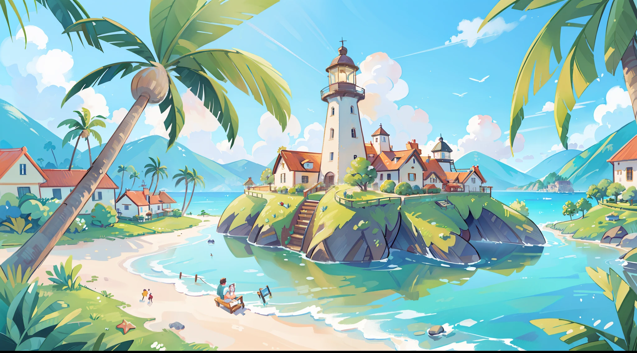 (best quality,4k,8k,highres,masterpiece:1.2),ultra-detailed,(realistic,photorealistic,photo-realistic:1.37),picture book illustration,ocean fantasy,watercolor illustration,extravagant and warm colors,village,houses,palm trees,huge lighthouse,highly detailed environment