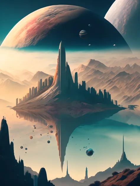 Unidentified objects floating in the sky of the city，The background is the mountain planet