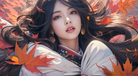 32K autumn view（tmasterpiece，k hd，hyper HD，32K）Long flowing black hair，ponds，zydink， a color， Autumn （Sensual girl）， （Blue and white silk scarf）， Combat posture， looking at the ground， long whitr hair， Floating hair， Carp pattern headdress， Chinese long-sl...