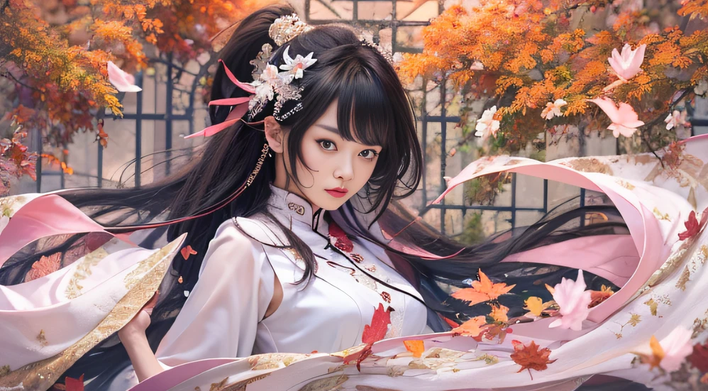 32K autumn view（tmasterpiece，k hd，hyper HD，32K）Long flowing black hair，ponds，zydink， a color， Autumn （Sensual girl）， （Blue and white silk scarf）， Combat posture， looking at the ground， long whitr hair， Floating hair， Carp pattern headdress， Chinese long-sleeved cheongsam， （Abstract gouache splash：1.2）， Pink petal background，Pink and white autumn sunset leaves fly（realisticlying：1.4），Black color hair，Fallen leaves flutter，The background is pure， A high resolution， the detail， RAW photogr， Sharp Re， Nikon D850 Film Stock Photo by Jefferies Lee 4 Kodak Portra 400 Camera F1.6 shots, Rich colors, ultra-realistic vivid textures, Dramatic lighting, Unreal Engine Art Station Trend, cinestir 800，Long flowing black hair，Bright clothes