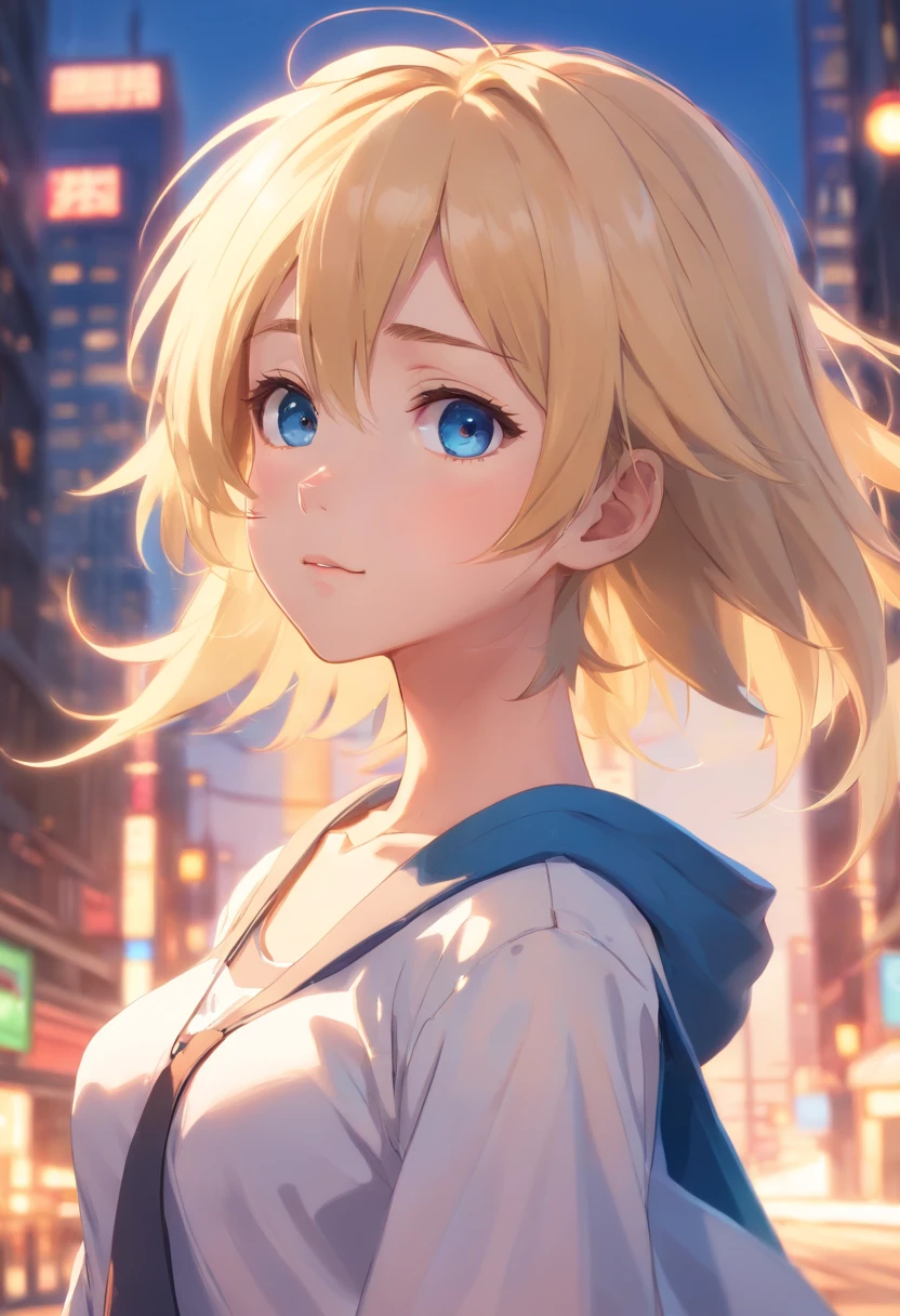 Anime girl with blonde hair and blue eyes standing in the middle of a city  - SeaArt AI