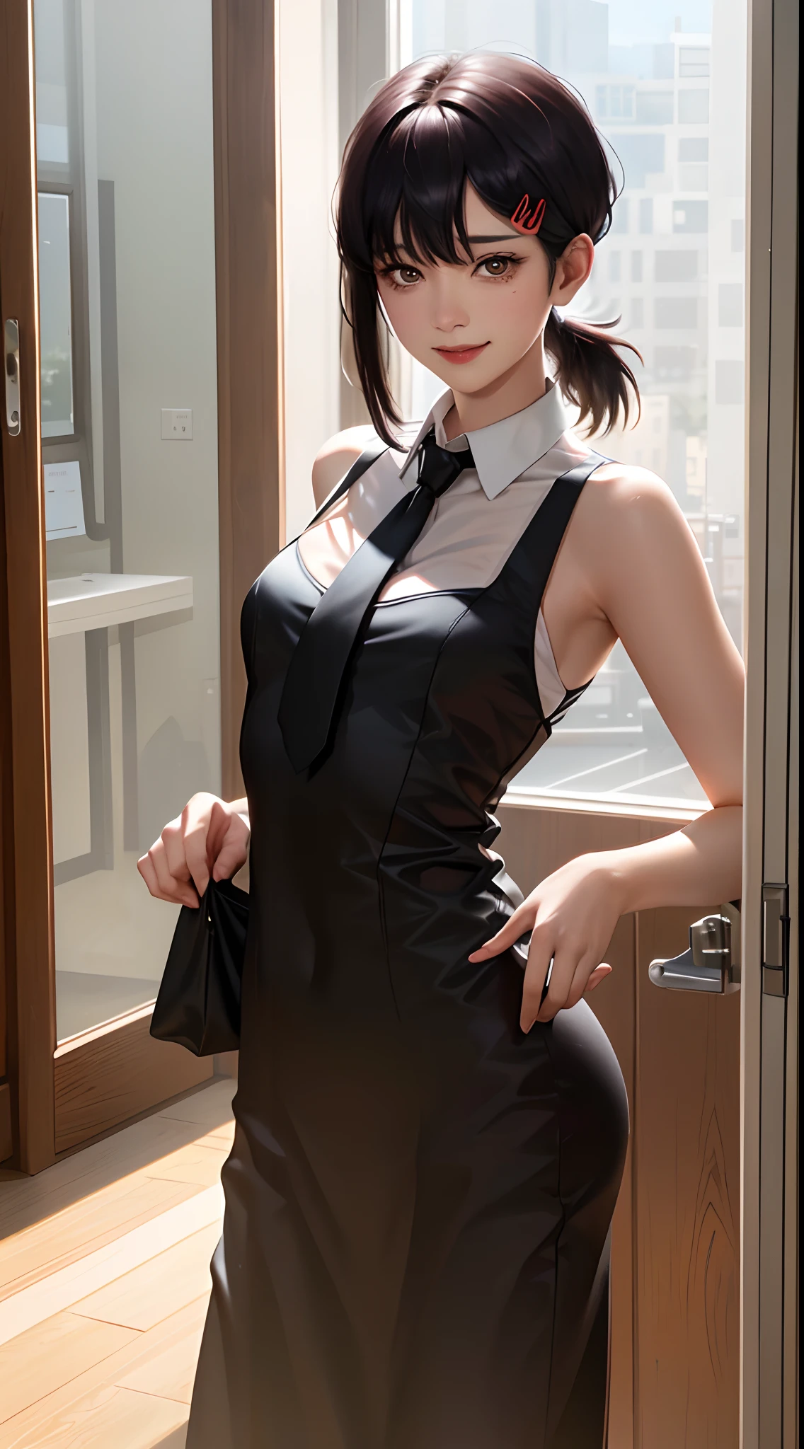 tmasterpiece，best qualtiy，ultra - detailed，illustratio，epic lighting，cinematic compositions，isometry，1girll，ssmile，Redlip，独奏，adolable，Black eyes，Black color hair，By bangs，red hair clips，blouse with a white collar，black necktie，Black pantsuit，Professional Dress，captivating posture，inside in room，office room，Open the door，looking at viewert，peeking out upper body，Be red in the face，seduct smile，Shut your mouth，(8K:1.1),