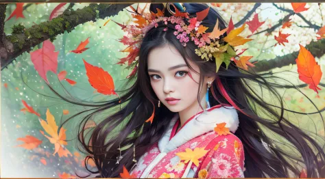 32K autumn view（tmasterpiece，k hd，hyper HD，32K）Long flowing black hair，ponds，zydink， a color， Autumn （Sensual girl）， （Blue and w...