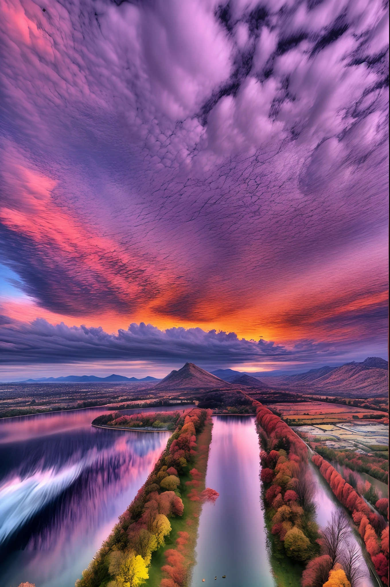 Have a beautiful autumn，the sunset，Lakes and trees in the background，Colorful sky，Surreal colors，Colorful sunsets，Colorful sky，Marvelous sky reflections，stunning skies，Fantastic atmosphere 8K，Colorful flowing clouds，The color is reflected on the lake，surreal sky，Red and blue reflections，Fire reflection，beautiful sky，Beautiful and spectacular dusk，Beautiful Dreamy Landscape，Amazing sky，realisticlying，plethora of colors，Gorgeous and colorful，wide wide shot，Shoot at night，positive，natural style，hdr shot