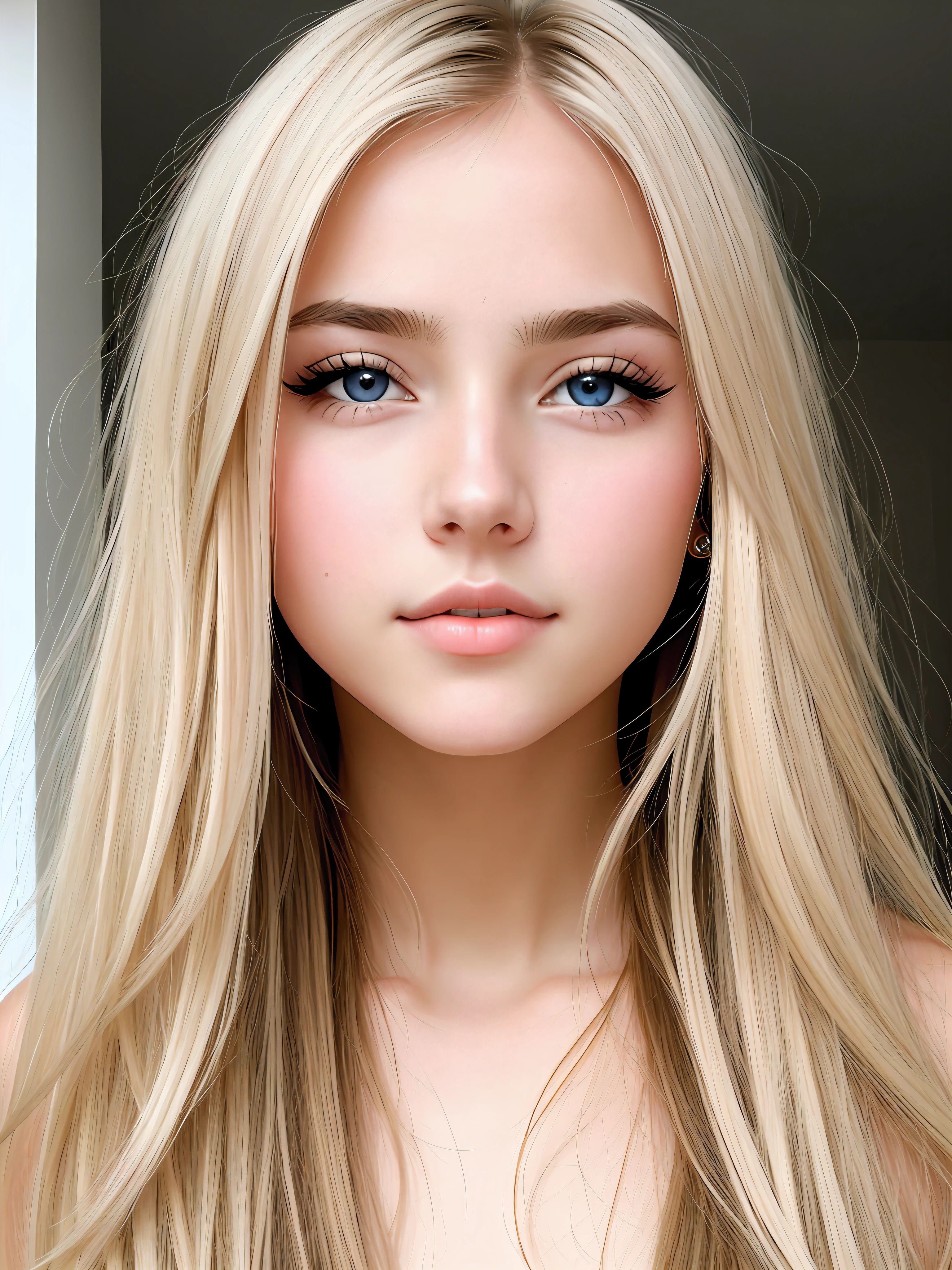 A woman with long blonde hair and blue eyes is posing for a picture -  SeaArt AI