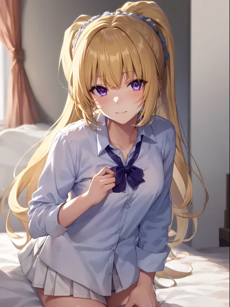 Best quality, 8k, in bed, yellow hair, purple eyes, white shirt and no bra, anime visual of a cute girl, cute expressive face, still from anime, hard breast, lustful face