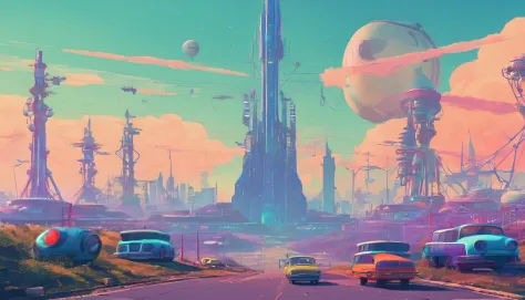 retrofuturism, streets of ((((soviet union)))), utopian future, androids,  flying droids, overgrown buildings, winter, (starry night), neon lights,  4k, wallpaper,Science Fiction,Lighting,Environmental Concept Art &amp; Design,Digital 3D,Character Modeling...