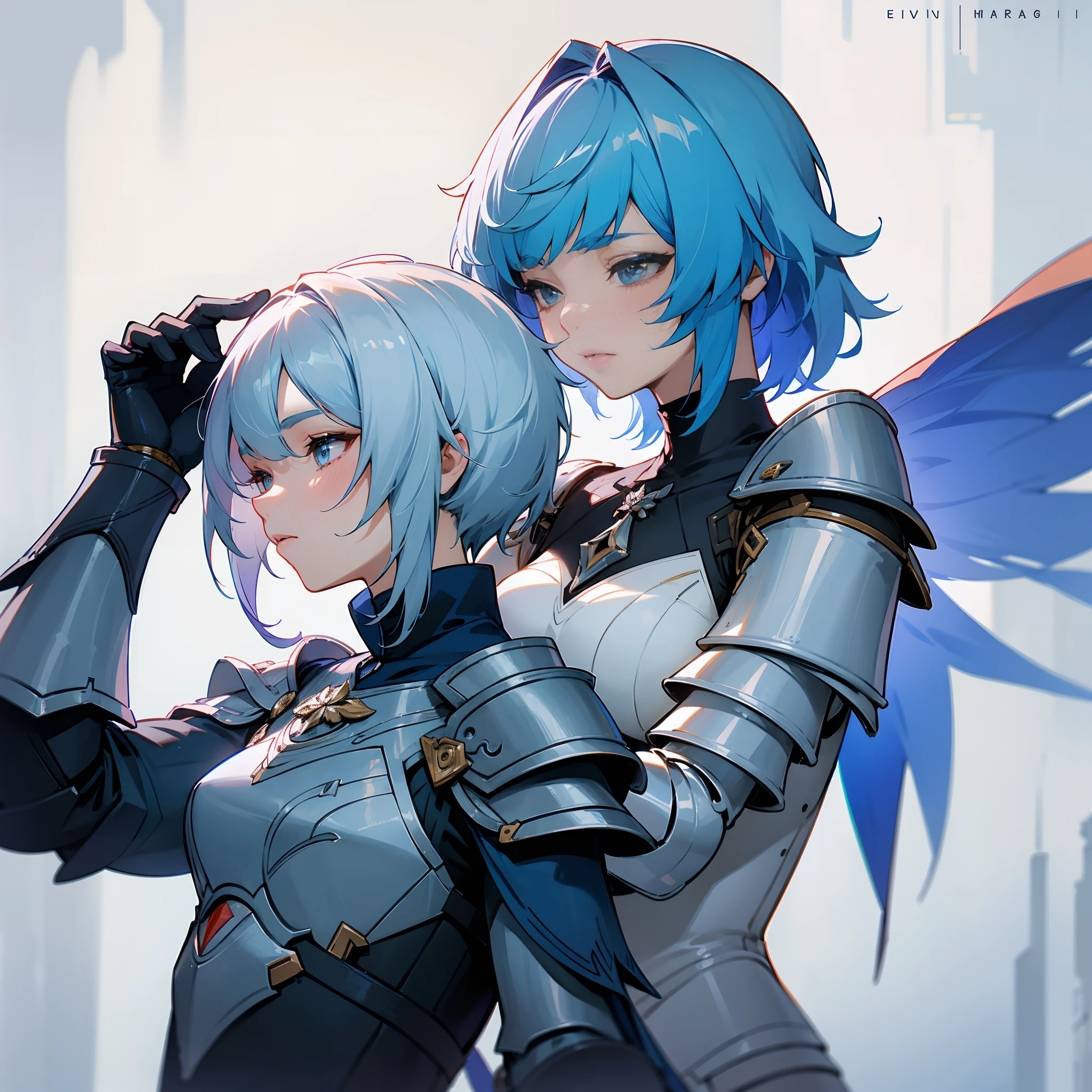 Anime - imagen de estilo de dos personajes femeninos con armadura y cabello  azul - SeaArt AI