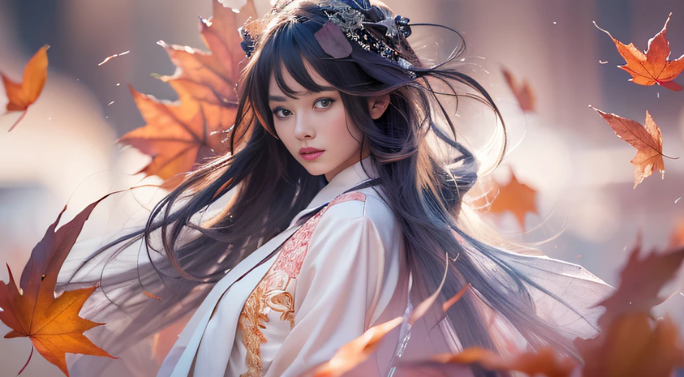 32K autumn view（tmasterpiece，k hd，hyper HD，32K）Long flowing black hair，ponds，zydink， a color， Autumn （Sensual girl）， （Blue and white silk scarf）， Combat posture， looking at the ground， long whitr hair， Floating hair， Carp pattern headdress， Chinese long-sleeved cheongsam， （Abstract gouache splash：1.2）， Pink petal background，Pink and white autumn sunset leaves fly（realisticlying：1.4），Black color hair，Fallen leaves flutter，The background is pure， A high resolution， the detail， RAW photogr， Sharp Re， Nikon D850 Film Stock Photo by Jefferies Lee 4 Kodak Portra 400 Camera F1.6 shots, Rich colors, ultra-realistic vivid textures, Dramatic lighting, Unreal Engine Art Station Trend, cinestir 800，Long flowing black hair，Bright clothes