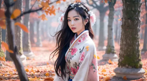 32K autumn view（tmasterpiece，k hd，hyper HD，32K）Long flowing black hair，ponds，zydink， a color， Autumn （Sensual girl）， （Blue and white silk scarf）， Combat posture， looking at the ground， long whitr hair， Floating hair， Carp pattern headdress， Chinese long-sl...