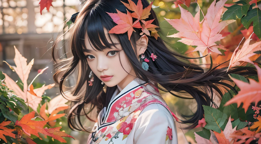 32K autumn view（tmasterpiece，k hd，hyper HD，32K）Long flowing black hair，ponds，zydink， a color， Autumn （Sensual girl）， （Blue and white silk scarf）， Combat posture， looking at the ground， long whitr hair， Floating hair， Carp pattern headdress， Chinese long-sleeved cheongsam， （Abstract gouache splash：1.2）， Pink petal background，Pink and white autumn sunset leaves fly（realisticlying：1.4），Black color hair，Fallen leaves flutter，The background is pure， A high resolution， the detail， RAW photogr， Sharp Re， Nikon D850 Film Stock Photo by Jefferies Lee 4 Kodak Portra 400 Camera F1.6 shots, Rich colors, ultra-realistic vivid textures, Dramatic lighting, Unreal Engine Art Station Trend, cinestir 800，Long flowing black hair，Bright clothes