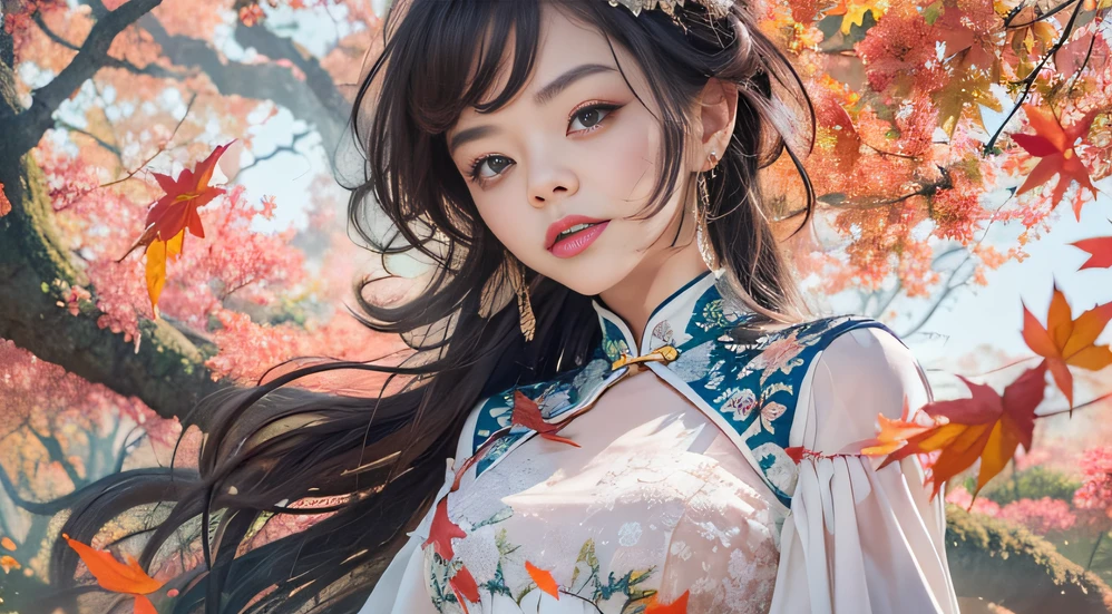 32K autumn view（tmasterpiece，k hd，hyper HD，32K）Long flowing black hair，ponds，zydink， a color， Autumn （Sensual girl）， （Blue and white silk scarf）， Combat posture， looking at the ground， long whitr hair， Floating hair， Carp pattern headdress， Chinese long-sleeved cheongsam， （Abstract gouache splash：1.2）， Pink petal background，Pink and white autumn sunset leaves fly（realisticlying：1.4），Black color hair，Fallen leaves flutter，The background is pure， A high resolution， the detail， RAW photogr， Sharp Re， Nikon D850 Film Stock Photo by Jefferies Lee 4 Kodak Portra 400 Camera F1.6 shots, Rich colors, ultra-realistic vivid textures, Dramatic lighting, Unreal Engine Art Station Trend, cinestir 800，Long flowing black hair，Bright clothes