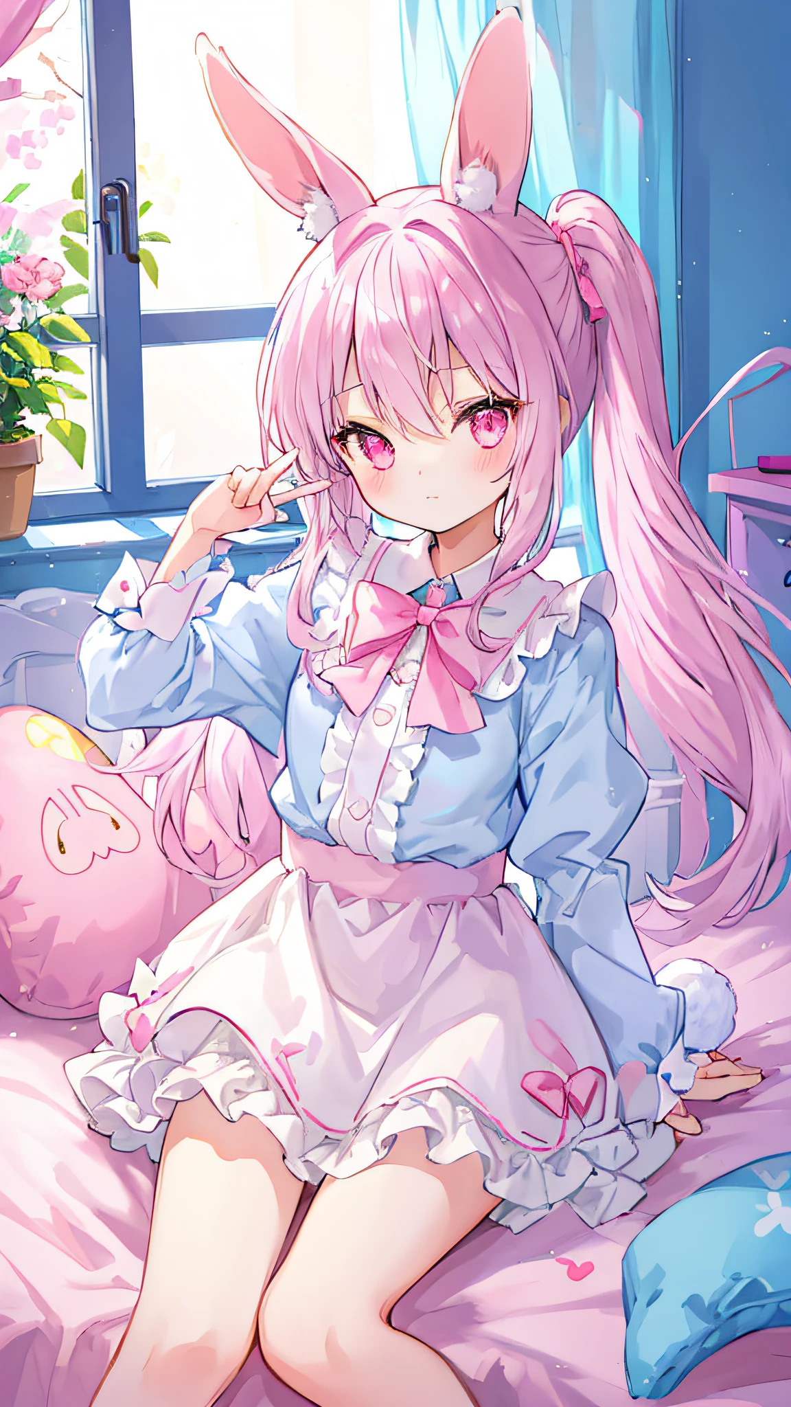 beautiful illustration、top-quality、Cute little girl s、bedroom、PastelColors、Fluffy rabbit ears、小柄、Silver long hair、rabbit stuffed、Bright lighting、bright pink eyes、Pony tail