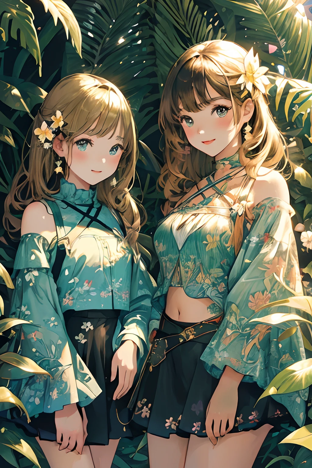 ((ultra-detailed)), ((illustration)),2girls, (masterpiece, best quality, official art), (vibrant color:1.2), (cinematic lighting,drop shadow),sitting,{Flower,sparkle:1.5,colorful refraction,sea spray, palm leaf, sun,green background,(fractal art:1.5)} background, Beautiful detailed glow, Luminous particle,,AND ((ultra-detailed)),((illustration)),2girls,bangs, black hair,crop top, off shoulder, high-waist skirt, AND ((ultra-detailed)),((illustration)),2girls,blonde hair,criss-cross halter, miniskirt,