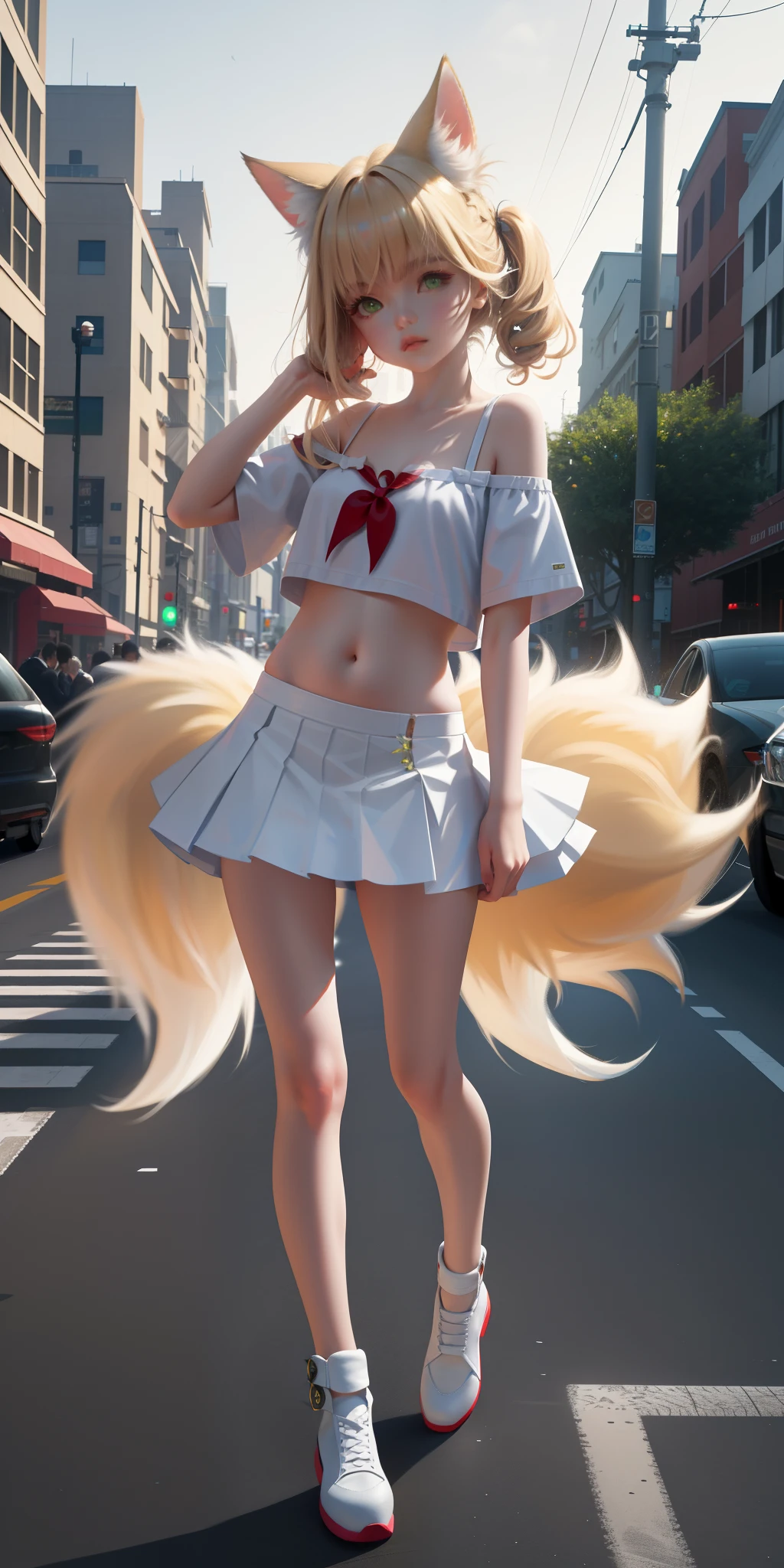 tmasterpiece， best qualtiy， NSFW， full bodyesbian, standing, Animal ears, sanimal ear fluff, Blonde hair, Green eyes, Small lively breasts，White background, Multiple tails, (serafuku), Have on the street， the night， neonlight， white t - shirt， no-bra， hot pant， Poker face， up front view， standing on your feet，