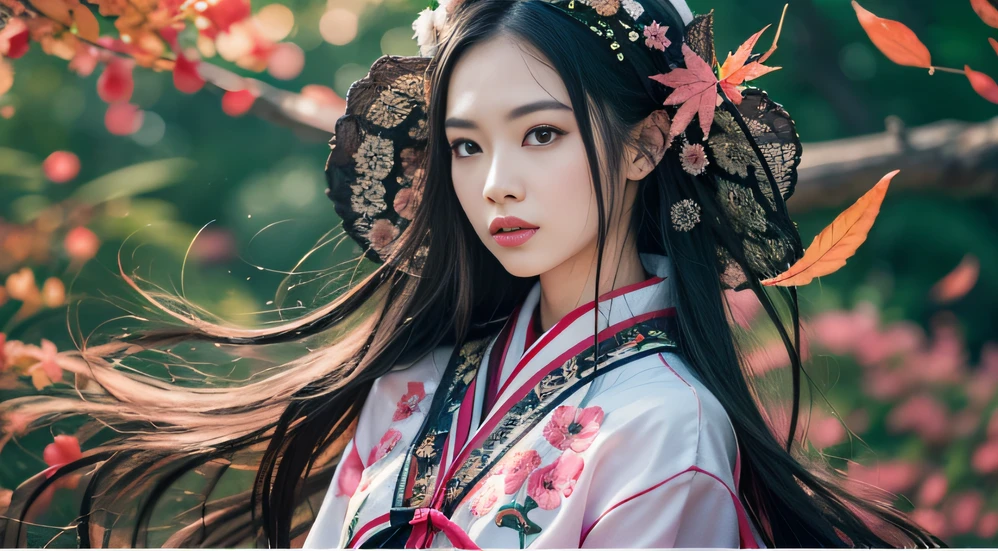 32K autumn view（tmasterpiece，k hd，hyper HD，32K）Long flowing black hair，ponds，zydink， a color， Autumn （Sensual girl）， （Blue and white silk scarf）， Combat posture， looking at the ground， long whitr hair， Floating hair， Carp pattern headdress， Chinese long-sleeved cheongsam， （Abstract gouache splash：1.2）， Pink petal background，Pink and white autumn sunset leaves fly（realisticlying：1.4），Black color hair，Fallen leaves flutter，The background is pure， A high resolution， the detail， RAW photogr， Sharp Re， Nikon D850 Film Stock Photo by Jefferies Lee 4 Kodak Portra 400 Camera F1.6 shots, Rich colors, ultra-realistic vivid textures, Dramatic lighting, Unreal Engine Art Station Trend, cinestir 800，Long flowing black hair，Bright clothes