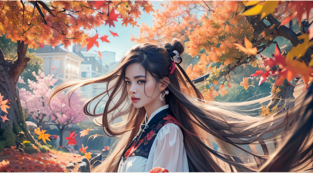 32K autumn view（tmasterpiece，k hd，hyper HD，32K）Long flowing black hair，ponds，zydink， a color， Autumn （Sensual girl）， （Blue and white silk scarf）， Combat posture， looking at the ground， long whitr hair， Floating hair， Carp pattern headdress， Chinese long-sleeved cheongsam， （Abstract gouache splash：1.2）， Pink petal background，Pink and white autumn sunset leaves fly（realisticlying：1.4），Black color hair，Fallen leaves flutter，The background is pure， A high resolution， the detail， RAW photogr， Sharp Re， Nikon D850 Film Stock Photo by Jefferies Lee 4 Kodak Portra 400 Camera F1.6 shots, Rich colors, ultra-realistic vivid textures, Dramatic lighting, Unreal Engine Art Station Trend, cinestir 800，Long flowing black hair，Bright clothes