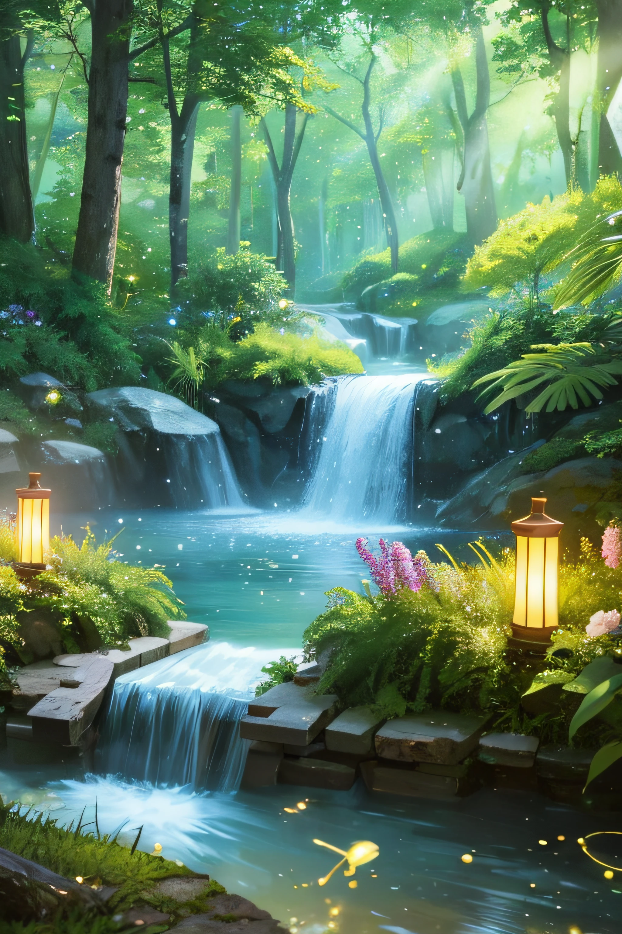 Masterpiece, best quality, (very detailed CG unity 8k wallpaper), (best quality), (best illustration), (best shadows), glow sprite, with a glowing deer, in the swimming pool Drinking water, natural elements in the forest theme. Mysterious forest, beautiful forest, nature, surrounded by flowers, delicate leaves and branches surrounded by fireflies (natural elements), (jungle theme), (leaves), (twigs), (fireflies), (particle effects) etc. 3D , Octane rendering, ray tracing, super detailed