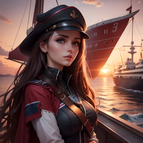 Digital art, by IrinaKapi.
The girl captain of the ship, against the background of the crimson sunset, best quality, masterpiece, smooth horizon, realism, sharp focus, expressive eyes --auto