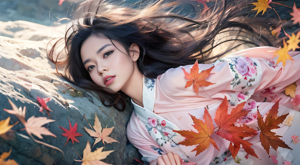 32K autumn view（tmasterpiece，k hd，hyper HD，32K）Long flowing black hair，ponds，zydink， a color， Autumn （Sensual girl）， （Blue and white silk scarf）， Combat posture， looking at the ground， long whitr hair， Floating hair， Carp pattern headdress， Chinese long-sleeved cheongsam， （Abstract gouache splash：1.2）， Pink petal background，Pink and white autumn sunset leaves fly（realisticlying：1.4），Black color hair，Fallen leaves flutter，The background is pure， A high resolution， the detail， RAW photogr， Sharp Re， Nikon D850 Film Stock Photo by Jefferies Lee 4 Kodak Portra 400 Camera F1.6 shots, Rich colors, ultra-realistic vivid textures, Dramatic lighting, Unreal Engine Art Station Trend, cinestir 800，Long flowing black hair，Bright clothes