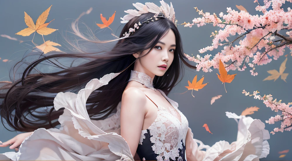 32K 秋の景色（傑作，キロ，ハイパーHD，32K）長く流れるような黒髪，池，咲く， 色， 秋 （官能的な女の子）， （青と白のシルクスカーフ）， 戦闘姿勢， 地面を見て， 長い白い髪， 浮かぶ髪， 鯉柄のヘッドドレス， 中国の長袖チャイナドレス， （抽象的なガッシュスプラッシュ：1.2）， ピンクの花びらの背景，ピンクと白の秋の夕焼けの葉が舞い散る（現実的に：1.4），黒髪，落ち葉が舞い散る，背景は純粋です， 高解像度， 詳細， RAW写真， シャープ， Nikon D850 フィルムストックフォト by Jefferies Lee 4 Kodak Portra 400 カメラ F1.6ショット, 豊かな色彩, 超リアルな鮮やかな質感, ドラマチックな照明, アンリアル エンジン アート ステーション トレンド, シネスティア 800，長く流れるような黒髪，明るい色の服