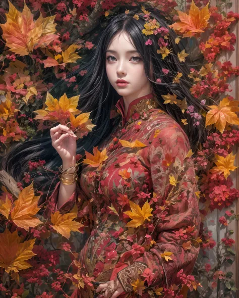 Best quality, masterpiece, meticulous details, intricate detail, realistic, 2 persons, a mystical autumn lady with black hair