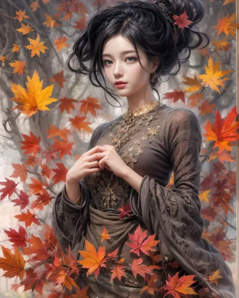 Best quality, masterpiece, meticulous details, intricate detail, realistic, 2 persons, a mystical autumn lady with black hair