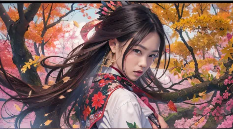 32K autumn view（tmasterpiece，k hd，hyper HD，32K）Long flowing black hair，ponds，zydink， a color， Autumn （Sexy girl）， （Blue and white silk scarf）， Combat posture， looking at the ground， long whitr hair， Floating hair， Carp pattern headdress， Chinese long-sleev...