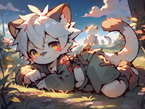 A little boy in a beautiful and enchanting landscape，Lying in a wheat field, trending on artstation pixiv, Guviz-style artwork, Very handsome， Guviz, Guweiz on ArtStation Pixiv, young male anthro dragon，red scales，White hair，Full body photo，male people，tod...